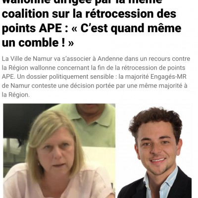 La majorité Engagés-MR de la Ville de Namur attaque la RW dirigée par la même coalition sur la rétrocession des points APE