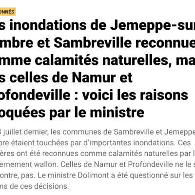 Les inondations de Jemeppe-sur-Sambre et Sambreville reconnues comme calamités naturelles, mais pas celles de Namur et Profondeville