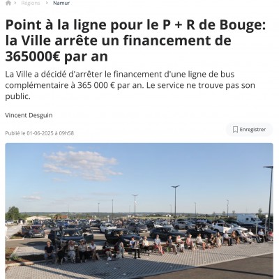 Point à la ligne pour le P + R de Bouge: la Ville arrête un financement de 365000€ par an